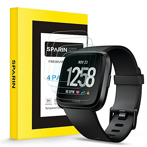 [4 Pack] Fitbit Versa Screen Protector, SPARIN Crystal Clear Tempered Glass Screen Protector for Fitbit Versa Smartwatch, Scratch Resistant/Bubble Free/Easy Install