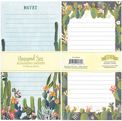 OCS Designs Blooming Cactus Desert Notepads, Set of 2 Lined Notepads for Notes, Tasks, Reminders, Grocery Shopping Market List, To-Do's, Assignments for Home, Office or School