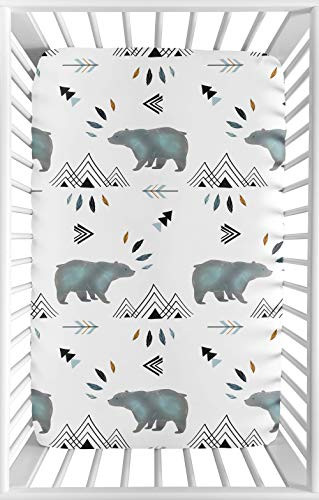 Sweet Jojo Designs Blue White Watercolor Baby Boy Fitted Mini Portable Crib Sheet Bear Mountain Collection - for Mini Crib or Pack and Play ONLY