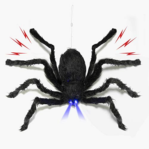 Prextex Animated Dropping Huge Black Hairy Spider/Tarantula with LED Eyes for Halloween Haunt Décor Best Halloween Decoration