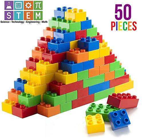 Prextex 50 Piece Classic Big Building Bricks Large Toy Blocks STEM Toy Bricks Set Compatible with All Major Brands Perfect Beginner Pack or Bricks Refill Set for All Ages