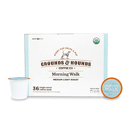 Grounds & Hounds Single Serve Organic Coffee Pods - 12 Count  Compatible with Keurig K Cup Machines  100% Arabica Small Batch Roasted  Recyclable (Morning Walk Medium Roast)