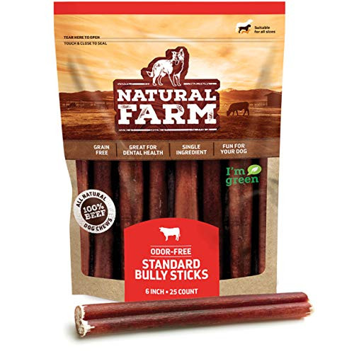 Natural Farm 6-Inch Bully Sticks (25-Pack)- Odor Free 100% Beef Chews- Made & Packaged at Our Own Food-Grade Facility - Fully Digestible High Protein, Low Fat Dental Treats  Small, Medium, Large Dogs