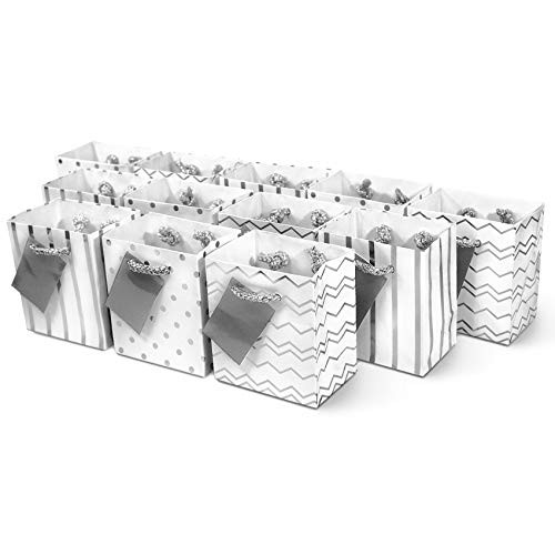 4x4.5x2.75" 12 Pcs. Extra Small Metallic Silver Paper Gift Bags with Handles, Birthday Party Favor Bags, Chevron Polka Dot Chevron Polka Dot Stripe Patterns