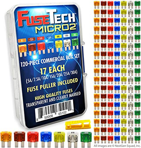 FuseTech Micro2 120 Piece Automotive Commercial Fuse Assortment (119 Blade Fuses + Fuse Puller) 5A 7.5A 10A 15A 20A 25A 30A