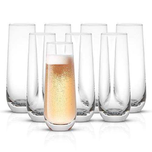 JoyJolt Milo Stemless Champagne Flutes Set of 8 Crystal Glasses. 9.4oz Champagne Glasses. Prosecco Wine Flute, Mimosa Glasses Set, Cocktail Glass Set, Water Glasses, Highball Glass, Bar Glassware