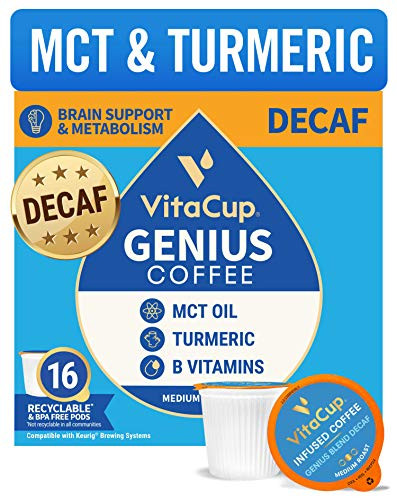 VitaCup Genius Decaf Coffee Pods 16ct w/ KETO MCT Oil, Turmeric, & Vitamins for Metabolism & Focus in Recyclable Single Serve Pod Compatible with K-Cup Brewers Including Keurig 2.0