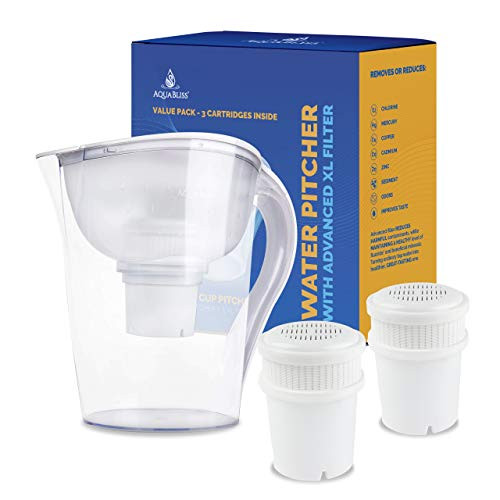 AquaBliss 10-Cup Water Filter Pitcher w/ 3 Long Lasting Advanced XL Water Purification Filter  Filtered Water Pitcher Targets Harmful Contaminants Chlorine Metals & Sediments for Clean Tasting Water