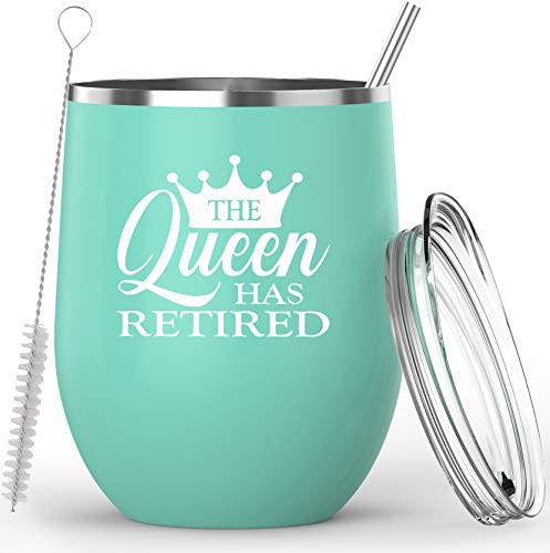 Retirement Gifts For Women - The Queen Has Retired Insulated 12oz Stainless Steel Wine Glass Coffee Mug Tumbler - With Lid, Straw, and Cleaning Brush - Happy Retirement Gifts