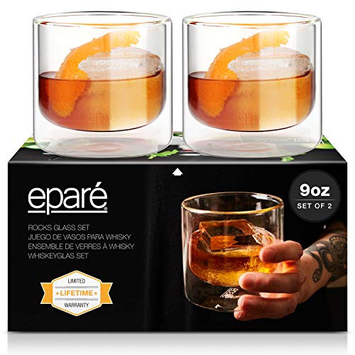 Eparé Whiskey Glasses - 9oz Set of 2 Double-Wall Glassware - Whisky, Bourbon, Scotch, Old Fashioned & Cocktail Tumbler