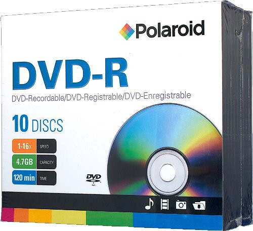 Polaroid PRDVDR0010J DVD-R 4.7GB 120-Minute 16x Recordable DVD Disc, 10-Pack Slim Case