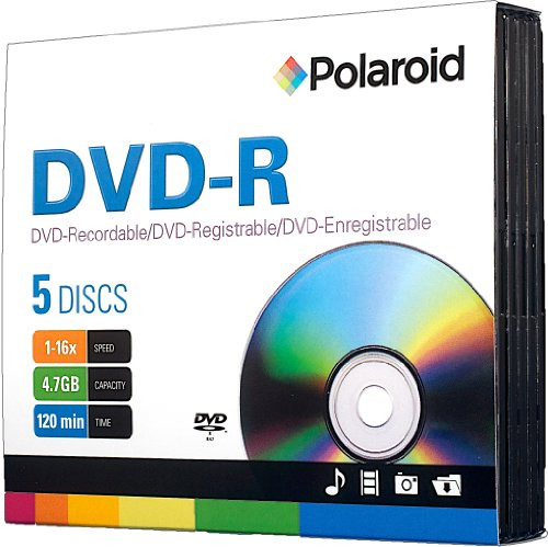 Polaroid PRDVDR0005J DVD-R 4.7GB 120-Minute 16x Recordable DVD Disc, 5-Pack Slim Case