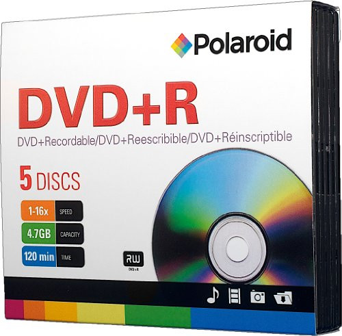 Polaroid PRDVDPR005J DVD+R 4.7GB 120-Minute 16x Recordable DVD Disc, 5-Pack Slim Case