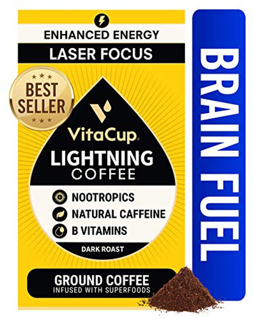 VitaCup® Lightning Dark Roast Coffee Ground 12oz w/ Nootropics & Vitamins for Enhanced Energy & Focus for Drip Coffee Brewers & French Press