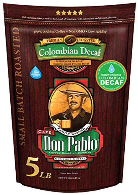 5LB Don Pablo Colombian Decaf - Swiss Water Process Decaffeinated - Medium-Dark Roast - Whole Bean Coffee - Low Acidity - 5 Pound (5 lb) Bag