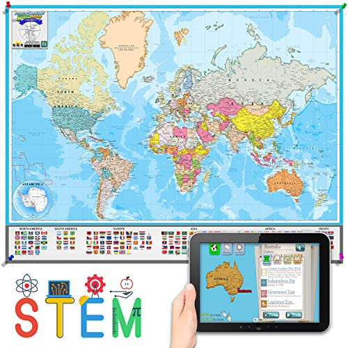 Interactive Laminated World Map for Kids  Geography and Nations  Included Augmented Reality Education App  STEM Toy Learning for Boys and Girls Aged 5, 6, 7, 8, 9, 10, 11, 12 (Medium)