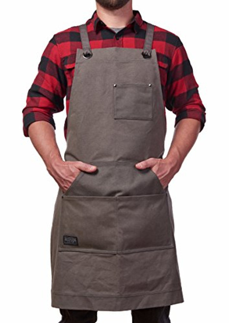 Hudson Durable Goods - Heavy Duty Waxed Canvas Work Apron with Tool Pockets (Grey), Cross-Back Straps & Adjustable M to XXL Hudson Durable Goods - Heavy Duty Waxed Canvas Work Apron with Tool Pockets (Grey), Cross-Back Straps & Adjustable M to XXL