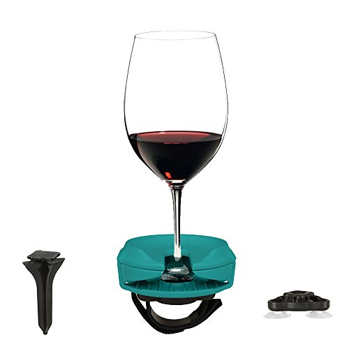 Outdoor Wine Glass Holder by Bella DVine  3 Attachments include Lawn Wine Stake For Picnics, Suction Base For Boats and Hot Tubs, Strap For Patio Chairs or Rails  Fun Gift (Marine Blue)