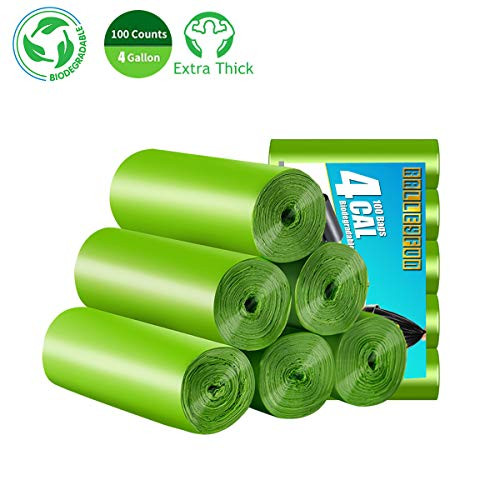 Trash Bags Biodegradable 4 Gallon 100 Counts Extra Thick Small Trash Bag Compostable Bags Eco Friendly Rubbish Bags Recycling & Degradable Garbage Bags for Kitchen Bathroom Office Car Yard (Green)