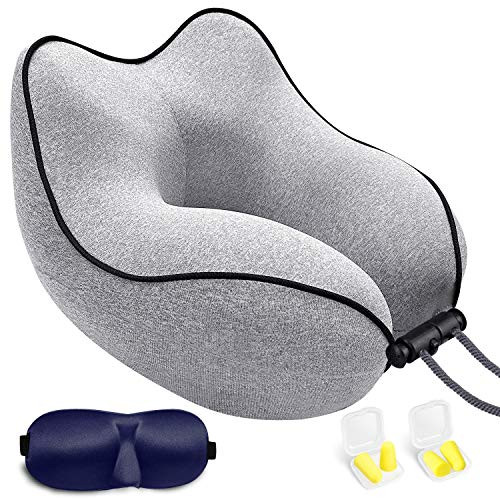 MOICO Travel Pillow 100% Pure Memory Foam, 360-Degree Head Neck Pillows for Airplane Travel?Machine Washable?Airplane Car Flight Neck Pillow Kit with 3D Sleep Mask, Earplugs, and Luxury Bag (Grey)