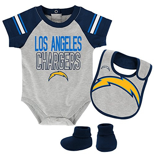 Outerstuff NFL Infant Blitz Onesie, Bib and Bootie Set-Heather Grey-24 Months, Los Angeles Chargers