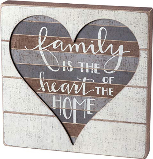 Primitives by Kathy Hand Lettered Slat Wood Box Sign, 12 x 12-Inches, Family is The Heart of a Home