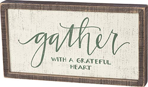 Primitives by Kathy Hand-Lettered Inset Box Sign, 15 x 8-Inches, Gather with a Grateful Heart
