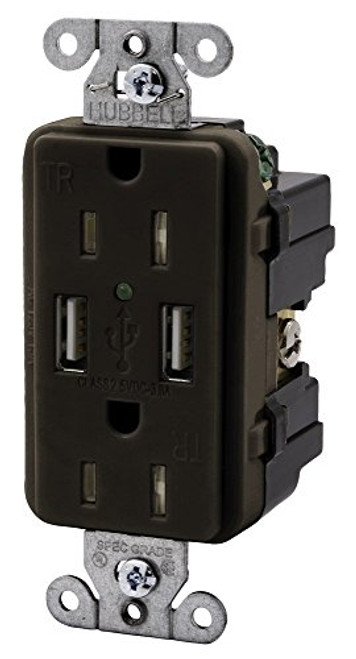 Hubbell Wiring Systems USB15X2 Straight Blade Devices, Receptacles, Duplex, USB Charger, 5V, 3 Amp, 2-Port, 15 Amp, 125V, 2-Pole, 3-Wire Grounding, 5-15R, Brown