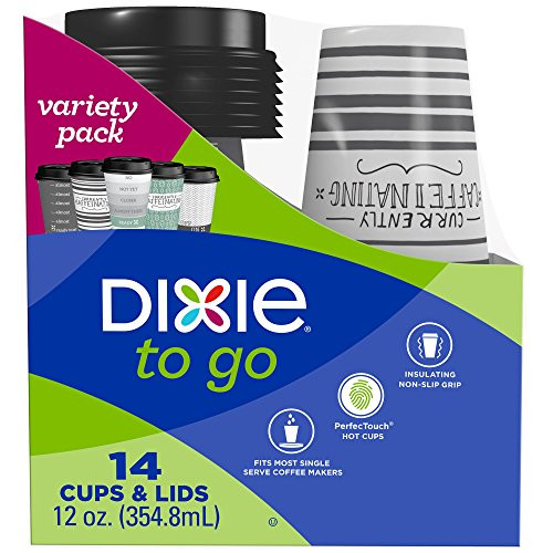 Dixie To Go Coffee Cups and Lids, Assorted Designs, Disposable Hot Beverage Cups & Lids (14 Count), Variety Pack