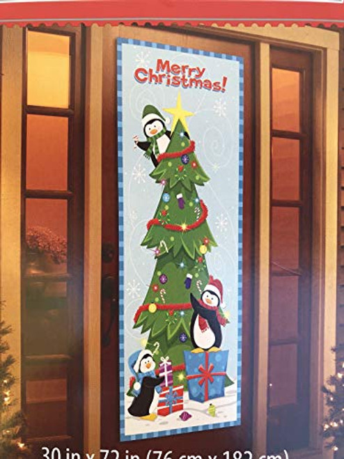 Christmas Door Cover Santa Hanging Lights, Christmas Present, Santa & Elves (Penguins Decorating Tree) Christmas Door Cover Santa Hanging Lights, Christmas Present, Santa & Elves (Penguins Decorating Tree)