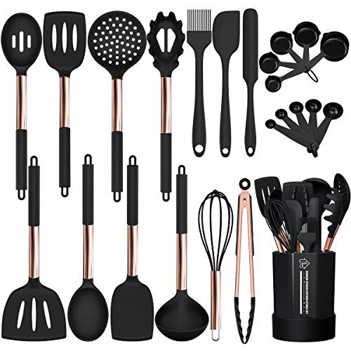 Silicone Cooking Utensil Set, Fungun 24pcs Silicone Cooking Kitchen Utensils Set, Non-stick Heat Resistant - Best Kitchen Cookware with Copper Stainless Steel Handle - Black(BPA Free, Non Toxic)