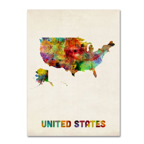 US Watercolor Map by Michael Tompsett, 14x19-Inch Canvas Wall Art