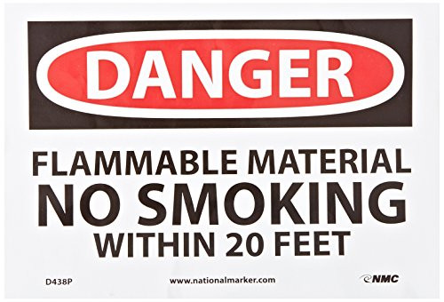 NMC D438P OSHA Sign, Legend "DANGER - FLAMMABLE MATERIAL NO SMOKING WITHIN 20 FEET", 10" Length x 7" Height, Pressure Sensitive Vinyl, Black/Red on White NMC D438P OSHA Sign, Legend "DANGER - FLAMMABLE MATERIAL NO SMOKING WITHIN 20 FEET", 10" Length x 7" Height, Pressure Sensitive Vinyl, Black/Red on White
