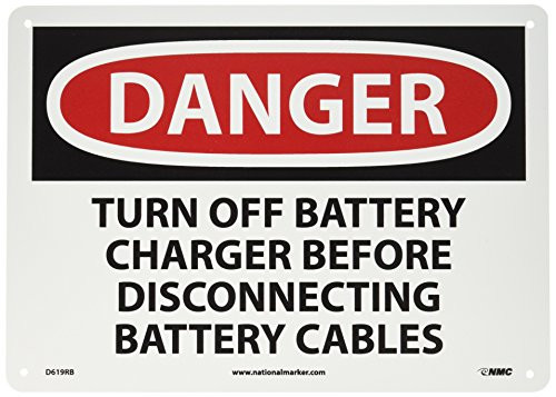 NMC D619RB OSHA Sign, Legend "DANGER - TURN OFF BATTERY CHARGER BEFORE DISCONNECTING BATTERY CABLES", 14" Length x 10" Height, Rigid Plastic, Black/Red on White