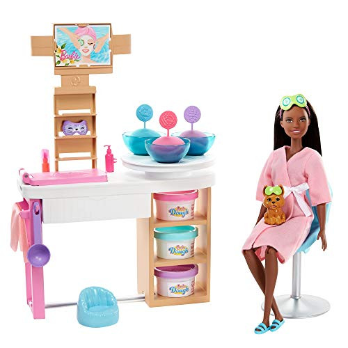 Barbie Face Mask Spa Day Playset with Brunette Barbie Doll, Puppy, 3 Tubs of Barbie Dough and 10+ Accessories to Create and Remove Face Blemishes on Doll and Puppy, Gift for Kids 3 to 7 Years Old Barbie Face Mask Spa Day Playset with Brunette Barbie Doll, Puppy, 3 Tubs of Barbie Dough and 10+ Accessories to Create and Remove Face Blemishes on Doll and Puppy, Gift for Kids 3 to 7 Years Old