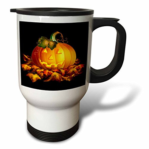 3dRose tm_11657_1 Glowing Jack Lantern and Autumn Leaves on Halloween Night on Black Background Travel Mug, 14-Ounce, Stainless Steel