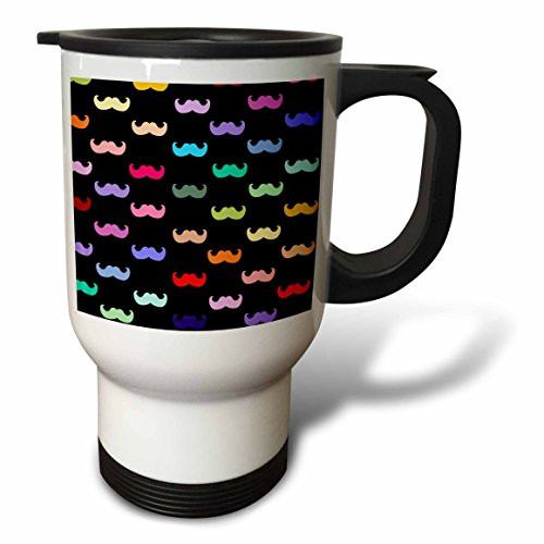 3dRose tm_56657_1 Colorful Rainbow Mustache Pattern on Black Travel Mug, 14-Ounce, Stainless Steel