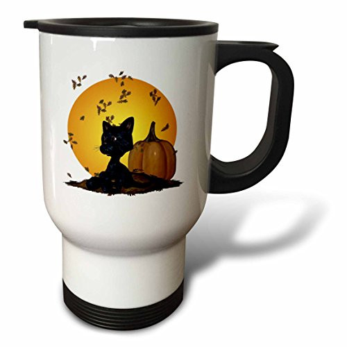 3dRose Black Cat with Pumpkins and Halloween Moon Stainless Steel Travel Mug, 14-Ounce