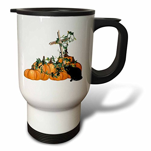 3dRose Black Cat with Pumpkins and Ivy Stainless Steel Travel Mug, 14-Ounce