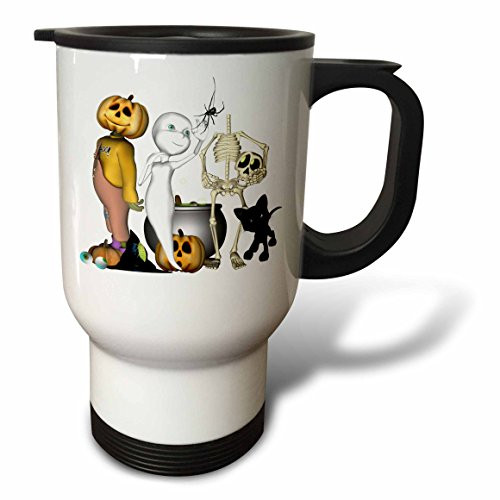 3dRose Cute Halloween Toons with Ghost Jack Skeleton, Black Cat, Stainless Steel Travel Mug, 14-Oz