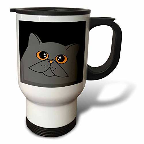 3dRose The Curious Cat Grey with Orange Eyes Black Stainless Steel Travel Mug, 14-Ounce