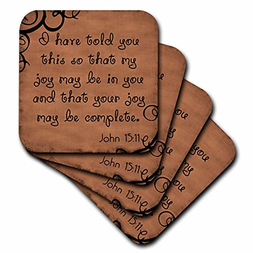 3dRose CST_150069_3 Bible Verse John 15-11 Brown Background Bible Christian Inspirational Saying Ceramic Tile Coasters, Set of 4