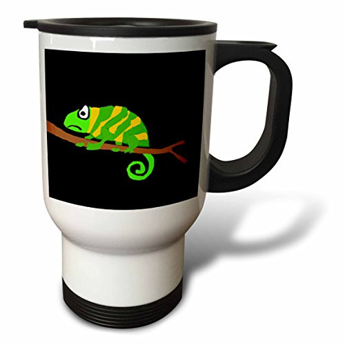 3dRose tm_200519_1 Funny Green & Yellow Chameleon Primitive Art Stainless Steel Travel Mug, 14 oz, White