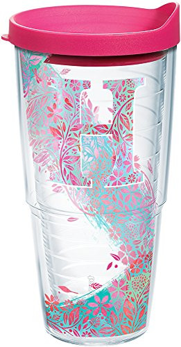 Tervis 1240904 INITIAL-H Botanical Insulated Tumbler with Wrap and Fuschia Lid, 24oz, Clear