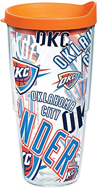 Tervis 1265120 NBA Oklahoma City Thunder All Over Tumbler with Wrap and Orange Lid 24oz Water Bottle, Clear
