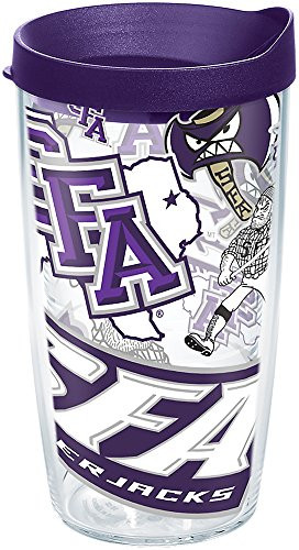 Tervis 1273300 SFA Lumberjacks All Over Tumbler with Wrap and Royal Purple Lid 16oz, Clear