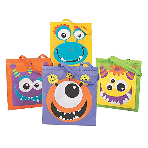 Fun Express - Monster Character Face Tote Bags for Halloween - Apparel Accessories - Totes - Novelty Totes - Halloween - 12 Pieces