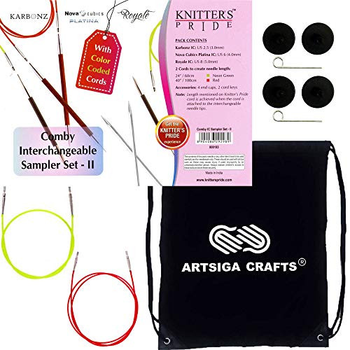 Knitter's Pride Knitting Needles Interchangeable Comby Sampler II Set Long Tip Bundle with 1 Artsiga Crafts Project Bag 800193
