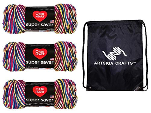 Red Heart Knitting Yarn Super Saver Pooling Carnival 3-Skein Factory Pack (Same Dyelot) E300P-8302 Bundle with 1 Artsiga Crafts Project Bag