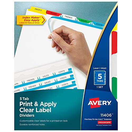 Avery 5-Tab Binder Dividers, Easy Print & Apply Clear Label Strip, Index Maker, Multicolor Tabs, 1 Set (11406)
